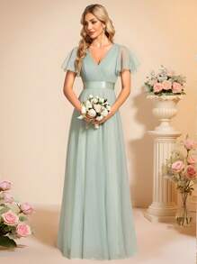 EVERPRETTY Fall Elegant V Neck Maxi A-Line Tulle Sage Green Bridesmaid Dress Wedding Guest Dress For Wedding Formal Event
