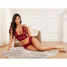 Floral Lace Lingerie Set High Waist Sleepwear Bra And Panty 2 Piece Nightwear 2025 Back-To-School Season Fall Pjs - 勃根地紅領結 - 查看 6