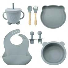 Set di alimentazione per bebè in silicone da 8 pezzi/6 pezzi/5 pezzi/4 pezzi/3 pezzi con piatto diviso con ventosa, prodotti per lo svezzamento, set di piatti per l'alimentazione autonoma di bebè/bambini piccoli con cucchiaio, forchetta, tazza con beccuccio, bavaglino regolabile, stoviglie per bebè