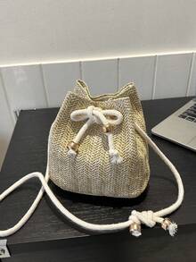 纯色迷你可折叠抽绳单肩包（豹纹或斑马纹，颜色随机）