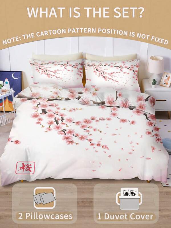 1/3Pcs Dual-Sided Cherry Blossom Duvet Cover Set Modern Oriental Blossom Bedding Set Romantic Floral Print Hotel Quality Collection