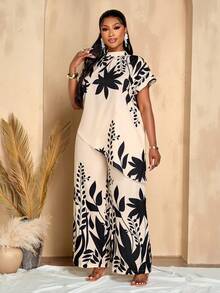 BIUBIU Plus Size Women 2 Pieces Outfit - Loose Top & Straight Leg Pants Elegant Summer - Apricot Black Flower - View 4