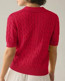 Women's Short Sleeve Sweaters Tops Solid Lapel Knit Casual Soft Pullover Shirt - Đỏ - Xem 3