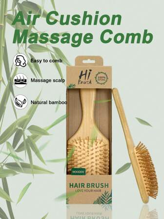 1 st stor luftkudde bambukam med ask, bambu paddelhårborste med handtag, naturlig bambukam, paddelutredande hårborste, passar för kvinnor och män, bärbar utredande hårkam för massage av hårbotten, tunt/lockigt/torrt hår, halloweenpresenter, julklappar