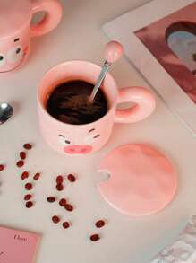 1 Stück 350 ml rosa Keramik Kaffeebecher mit Deckel & Löffel, süßer Cartoon Schwein Milchbecher mit Griff, sinnvolles Geschenk zum Geburtstag und für Paar, stilvoller Wasserbecher