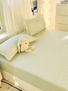 3 PiecesFitted Sheet Set, Checkered Pattern, Soft & Comfortable Bedding, Includes 1 Fitted Sheet And 2 Pillowcases, No Filling, Suitable For Dorm, Bedroom, Multiple Sizes Available