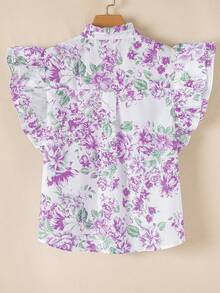 Acelitt Błękitna koszula z falbaniastymi rękawami i nadrukiem kwiatowym, zapinana na guziki - Wrzosowy - Zobacz 4