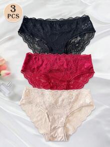 3pcs Sexy Lace Panties Seamless Low Waist Panty Lingerie For Women Floral Pattern Mesh Briefs With Silky Tactile Touch Basics Thin Fabric Knickers Soft Stretch Sexy Panties