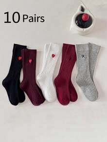 5pairs/10pairs Heart & Bow Embroidered Long Tube Socks For Girls, Adorable Children Mid-Calf Stockings