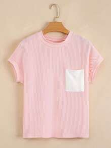 Acelitt T-shirt rosa girocollo color block, in maglia a cordoncino con tasche