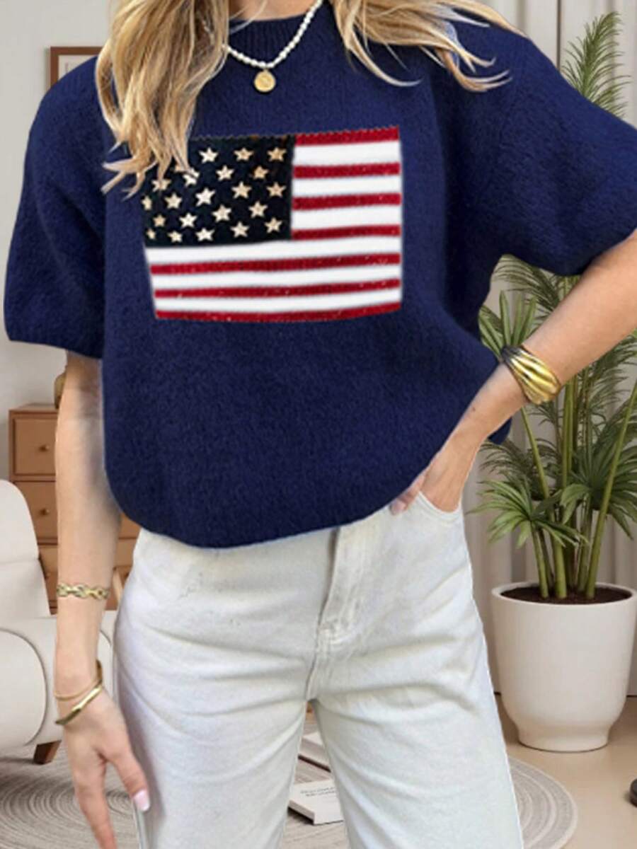 Women's American Flag Short-Sleeved Top Crew Neck Loose Knit Jumper Independence Day Jumper
