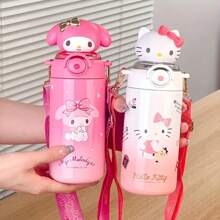 Sanrio 1 Stück Hello Kitty 316 rostfreier Stahl Isolier-Wasserflasche 600ml auslaufsicher mit Strohhalm & Riemen, süßer Buchstabendruck Reise-Trinkbecher für Frauen, Weihnachten Halloween Thanksgiving Geschenk, Urlaubsgeschenk | Charakter-Themen-Trinkflasche