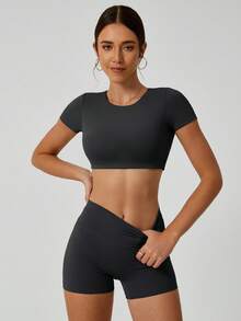 NcmRyu Women's Sexy Fitted Stretchy Short Sleeve Shorts Sports Set - màu đen - Xem 1