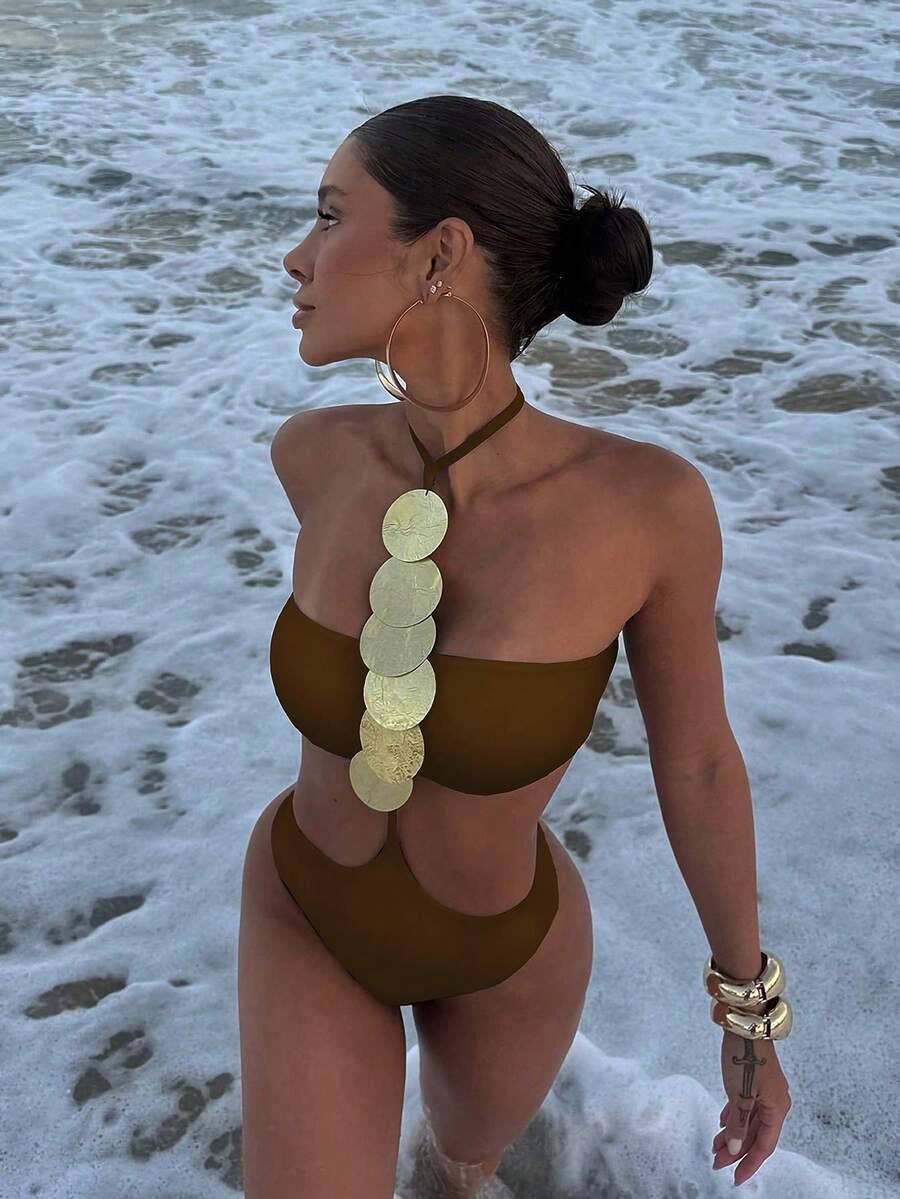 欧美风纯色性感女士连体吊带泳衣