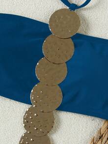 女士性感纯色连体泳衣 - 藍色 - 查看 4