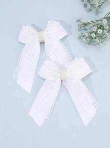 2 piezas de grandes lazos para el cabello de encaje con estilo de hada, pasadores de cabello con cola larga blanca con clip de flores de perla para uso diario y fiesta de boda, regalos perfectos para niñas, accesorios para el cabello