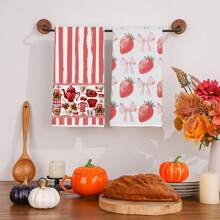 2pcs Set, Cartoon & Simple Striped Strawberry Kitchen Towel, Hand Towel, Polyester Dish Cloth, Soft Absorbent Drying Cloth, Kitchen & Cleaning Supplies, Bathroom Essentials