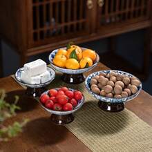 Vintage Blue And White Chinese Style Ceramic Teapot Plate, High Footed Fruit Plate, Small Dish, Chinese Style Snack Bowl, Dry Fruit Dish, Ceramic Tray