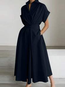 ZANZEA Women Short Sleeve Buttons Elastic Waist Summer Casual Loose Shirt Dresses Office Formal Work Long Dress - 深藍色 - 查看 1