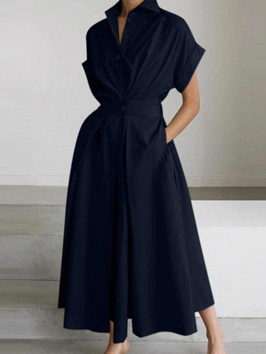 ZANZEA Women Short Sleeve Buttons Elastic Waist Summer Casual Loose Shirt Dresses Office Formal Work Long Dress - 深藍色 - 查看 1