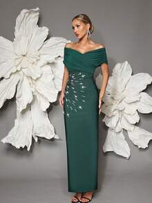 Off-Shoulder Handmade Beaded Bodycon Bandage Dress, Sexy & Fitted, Suitable For Family Gatherings, Parties, Formal Events - Dark Green - View 5