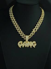 1 件欧美品牌“GANG”英文字母水钻吊坠项链，嘻哈男士日常配饰