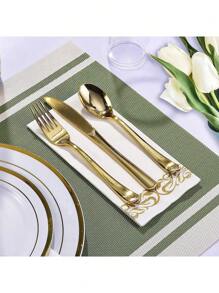 10/25/50/100 Pcs Gold Stainless Steel/Plastic Reusable Cutlery Set, Includes Cake/Salad Forks, Spoons, Knives, Dishwasher Safe Flatware For Home, Restaurant, Wedding, Outdoor, Birthday, Party, Holiday