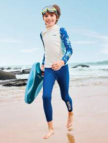 Balabala Young Boy Letter Print Splice Rashguard & Swim Trunks Set