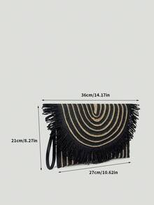 Bohemien Stil gewebte schwarze Clutch Tasche, neuer Strohumschlag Tasche für den Sommer, Strandurlaubs Quasten Tasche