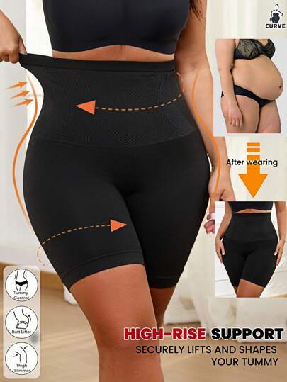 1 pieza Shorts moldeadores de cintura alta sin costuras que levantan el trasero para mujer de talla grande, shorts ceñidos cómodos y elásticos de estilo minimalista básico