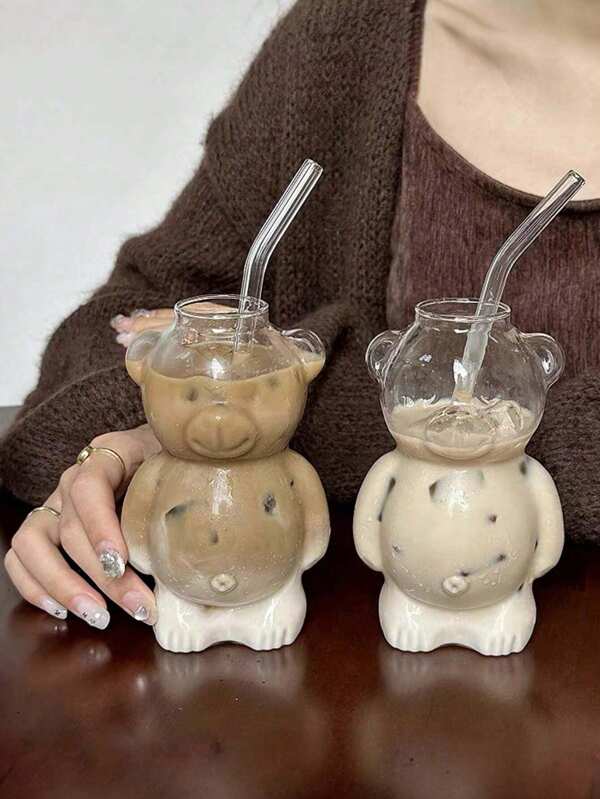 1 Stück 320ml süßer Cartoon Bär Glas Kaffeetasse, süßer Bärbecher mit Strohhalm, neuartiges Saftglas, kreativ und kawaii, Lustiges Geburtstagsgeschenk für Frauen, Mädchen, Freunde zum Geburtstag, Weihnachten, Valentinstag