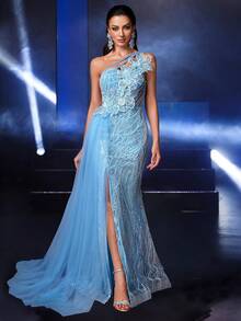 Váy dạ hội dài thêu hoa trang trí lưới sequin cho nữ, Đầm dự tiệc, Trang trọng, Khách dự tiệc cưới - Màu xanh lam - Xem 9