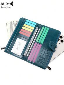 RFID屏蔽大容量女士钱包，复古拉链钱包，柔软皮革长款钱包，带多个卡槽和身份证窗口，可存放信用卡/身份证/现金/手机，绗缝细节卡包手拿包，适合商务和休闲场合。 - 水鴨藍 - 查看 9