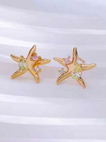 1 Pair Boho Style Starfish Bronze Stud Earrings With Cubic Zirconia, Minimalist And Versatile Dainty Luxury Earrings Suitable For Women, Beach, Party, Gift For Friends And Family