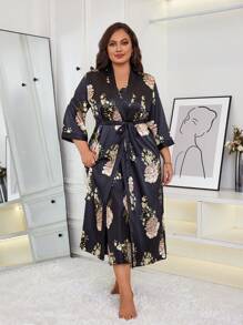1pc Plus Size Women Floral Print Elegant Loose Belted Robe, Comfortable Fabric Sleepwear Suitable For Overweight/Obese Group, Suitable For Spring, Summer, Autumn, Winter Home/Sleep Use ,Vacation