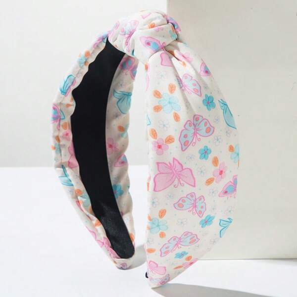 1pc Sweet Spring Style Korean Headband, Fresh Butterfly & Floral Printed Fabric Hair Hoop, Versatile Hair Accessory For Outdoor Spring Trips