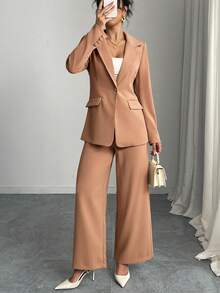 Women's Elegant Solid Color Blazer And Pants Set - Khaki - View 7