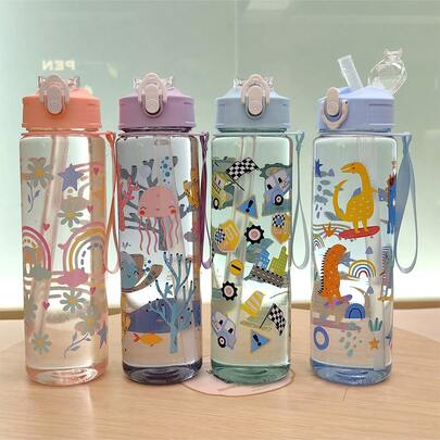 1pc, 700ml/23OZ Ocean Animal Series Plastic Water Bottle With Cap, Straw And Carrying Strap, Portable, Multiple Styles Available, Suitable For Outdoor Sports, Cycling, Travel, Camping, Gifts And Festivals