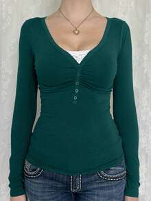 NOIRLYN Women's Y2K Autumn Casual Sexy Solid Color Lace Contrast Slim Fit Long Sleeve V-Neck Top, Suitable For Daily Commuting Wear, Black - Green - View 5