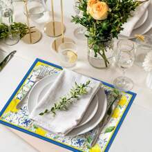1/2/4/6 Luxury Placemats Lemon Blue Linen Placemats, 30 * 45cm Seasonal Daily Tablecloth Table Mats, Coasters, Suitable For Holiday Party Decoration, Coffee Table And Home Decoration, Kitchen Table And Room Decoration Accessories, Dining Table Decoration, Restaurant Company Gatherings