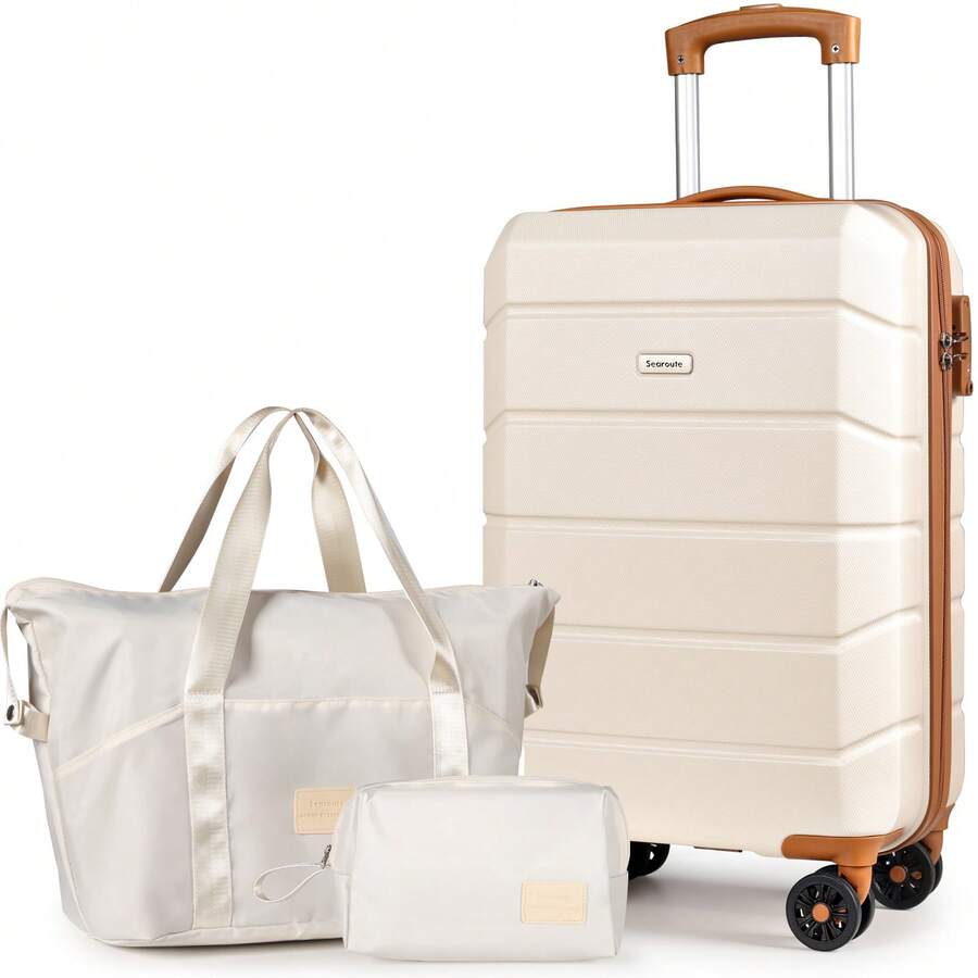 Carry-On Hand Suitcase Hard Shell Trolley, Lightweight Travel Cabin Luggage With TSA Lock And Durable 4 Spinner Wheels, 21 Inch + Travel Duffels Bag & Toiletry Bag - 米色 - 查看 1