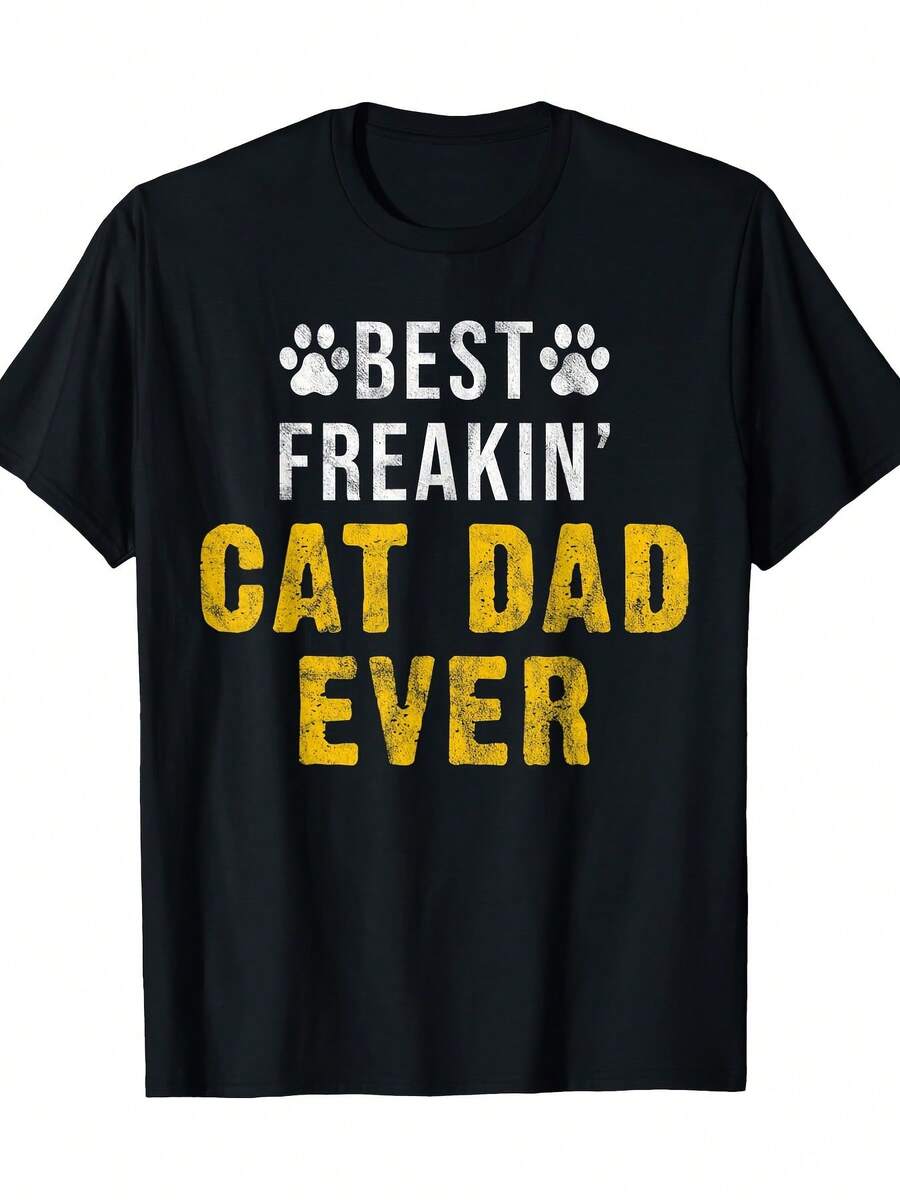 Il miglior papà gatto di sempre, maglietta divertente per la festa del papà da uomo - 100% cotone pesante da 220 g, casual, a maniche corte, girocollo, con testo giallo in grassetto e stampa a zampa - Lavabile, nera, regalo umoristico per gli amanti dei gatti. Una maglietta con un divertente design di fumetti americani. Le magliette casual sono il fulcro delle feste estive. Magliette stampate_MZCN TRADING LIMITED - nero - Visualizzare 1