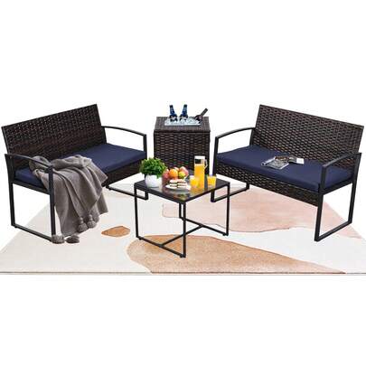 Patio Furniture Set W/Removable Ice Bucket - PE Wicker All Weather Outdoor Conversation Set W/Cushioned Benches & Glass Top Table For Backyard Garden Balcony Porch
