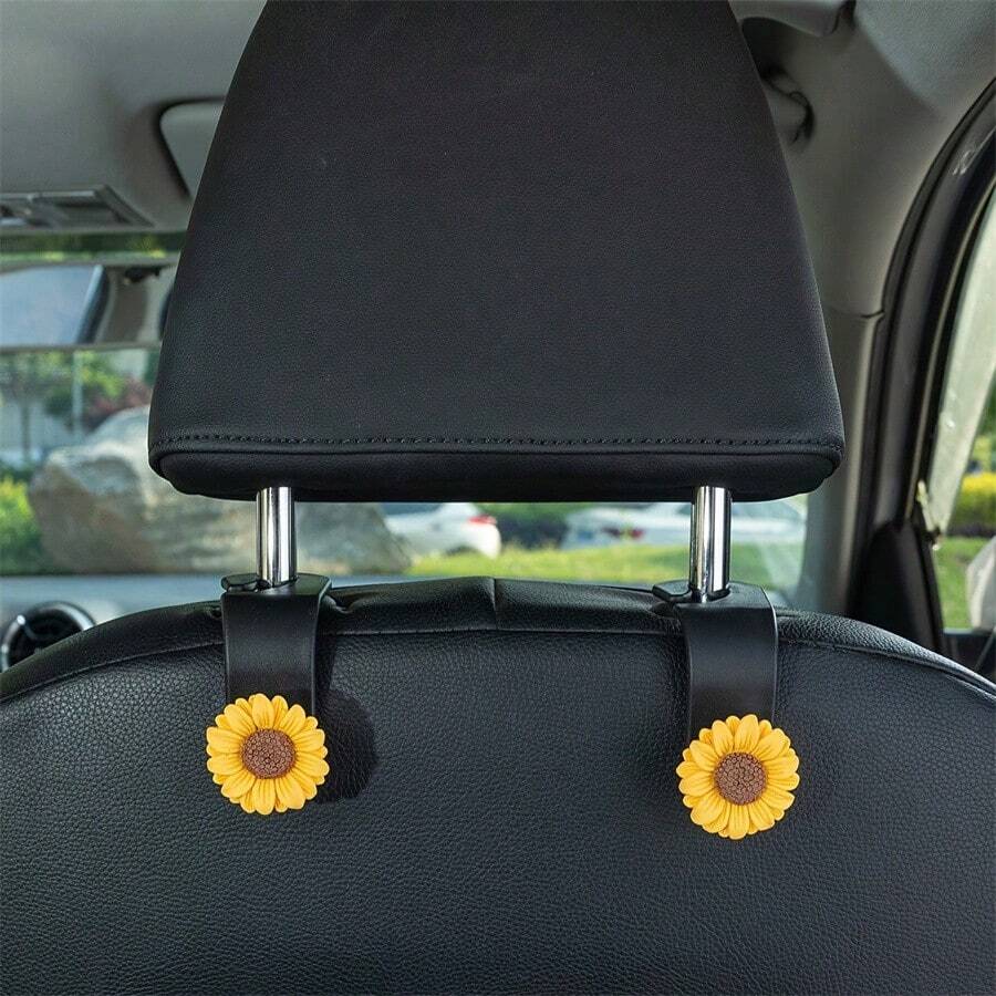2 件向日葵汽车座椅靠背挂钩，可爱花卉座椅头枕挂钩，可挂钱包、布料、购物袋，通用汽车座椅储物挂钩 - 彩色 - 查看 1