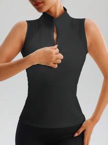 Parte superior de malla sin mangas de mujer con cuello alto y media cremallera, camisa deportiva transpirable para fitness, yoga y tenis