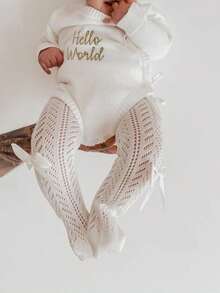 Newborn Baby Girls Wrap Sweater Rompers Hello World Letter Embroidery Tie Up Long Sleeve Bodysuit Jumpsuits For Infant Toddler Casual Clothes - 白色 - 查看 1