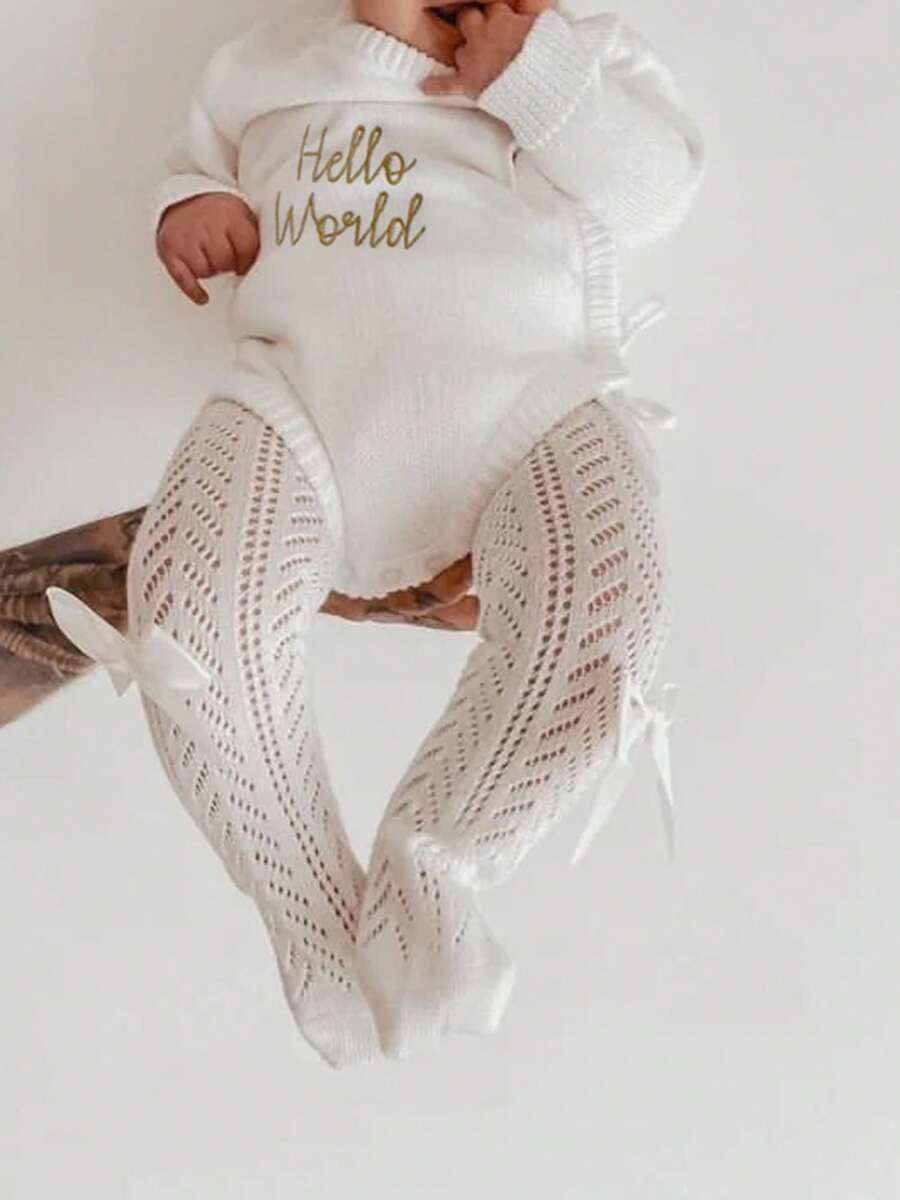 Newborn Baby Girls Wrap Sweater Rompers Hello World Letter Embroidery Tie Up Long Sleeve Bodysuit Jumpsuits For Infant Toddler Casual Clothes - 白色 - 查看 1