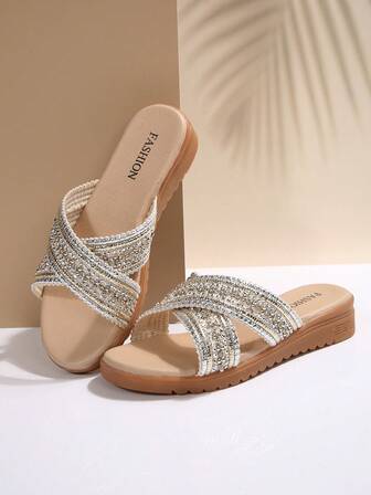 女士厚底交叉带凉鞋，金色蝴蝶装饰，休闲旅行，棕色平底带女士拖鞋