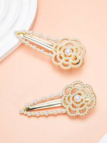 2 piezas Clips laterales de perlas falsas de camelia para niñas, Clips para el cabello de aleación con corazón estilo Y2K, Elegantes clips para el cabello de caimán para uso diario