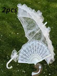 2 Pieces Romantic Bridal Wedding Props, Umbrella And Fans, European Ripple Elastic, Outdoor Wedding Decoration Set